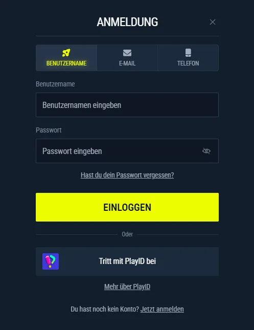 Rabona Login-Formular mit E-Mail, Passwort, Google Login und Passwort-Wiederherstellung