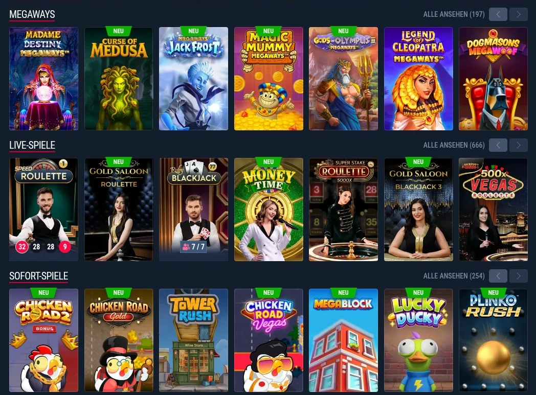 Rabona Casino Lobby mit Slots und Live Casino