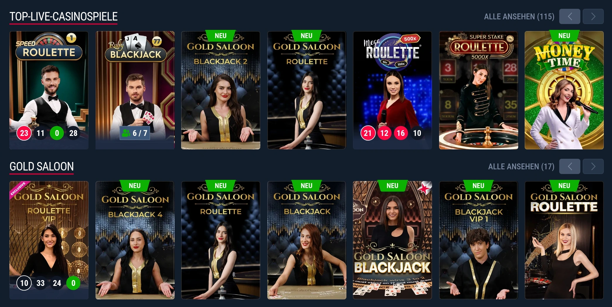 Rabona Live Casino mit Roulette- und Blackjack-Tischen