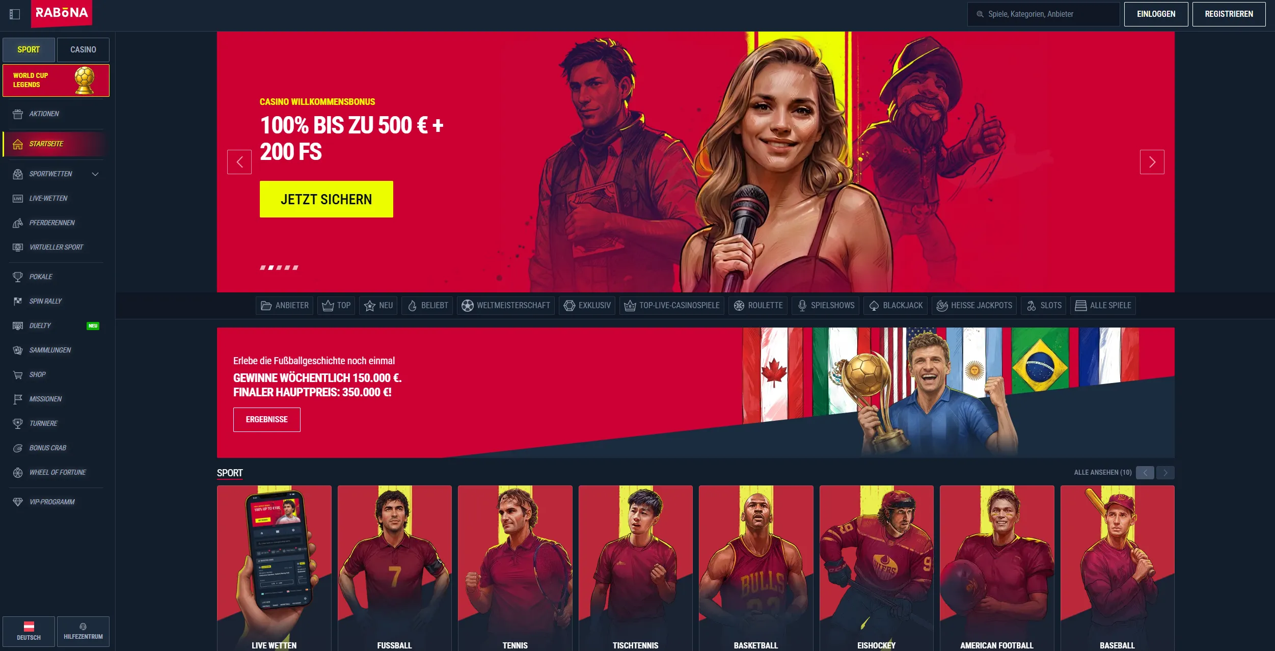 Rabona Casino Lobby Übersicht