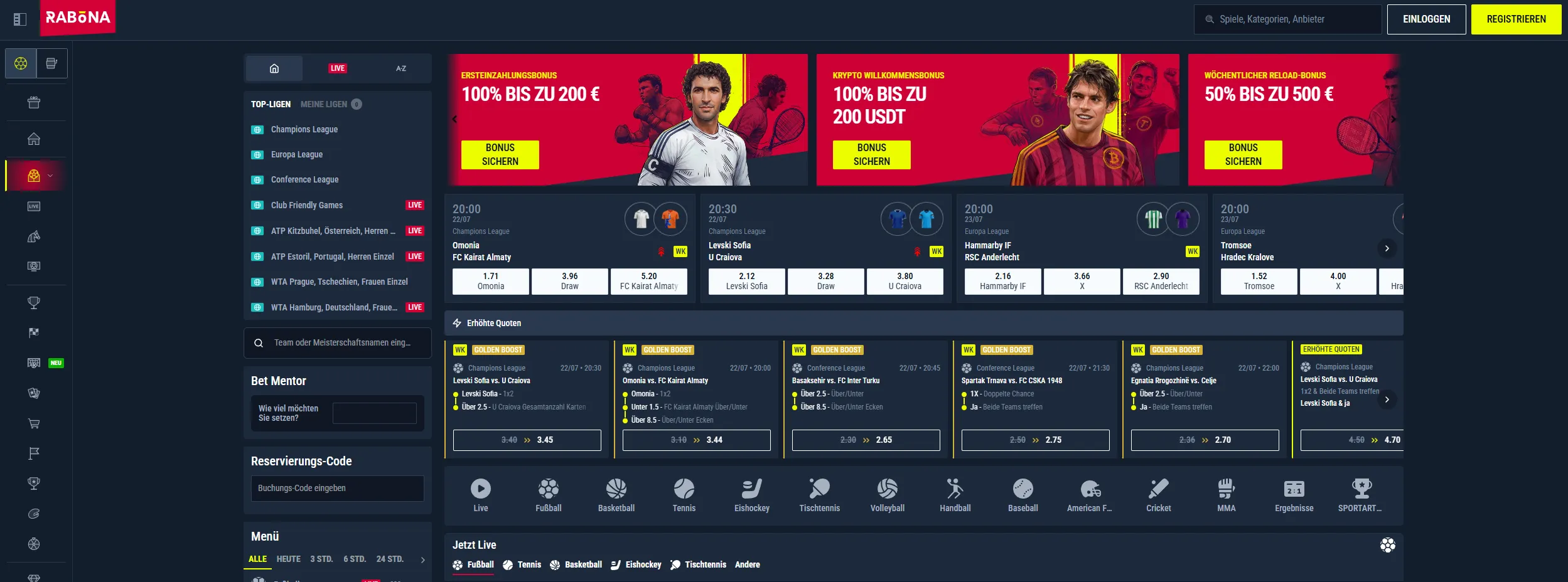 Rabona Sport Menü mit Fußball, Tennis und Basketball