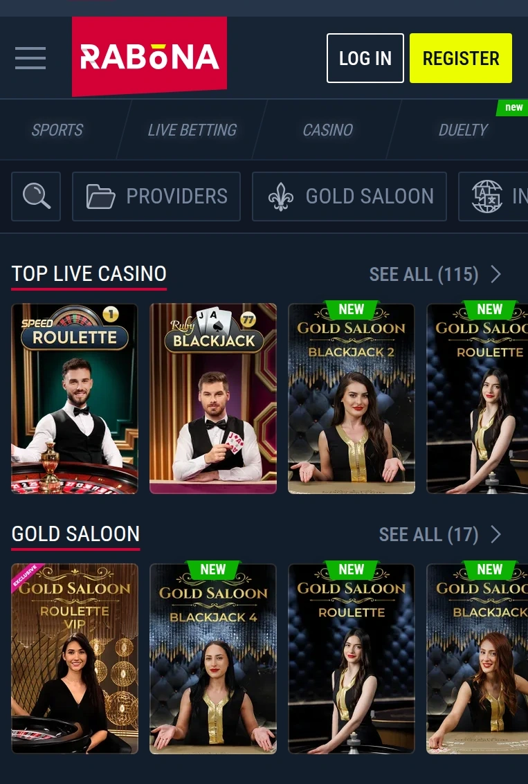 Rabona live casino screen on mobile for Canada