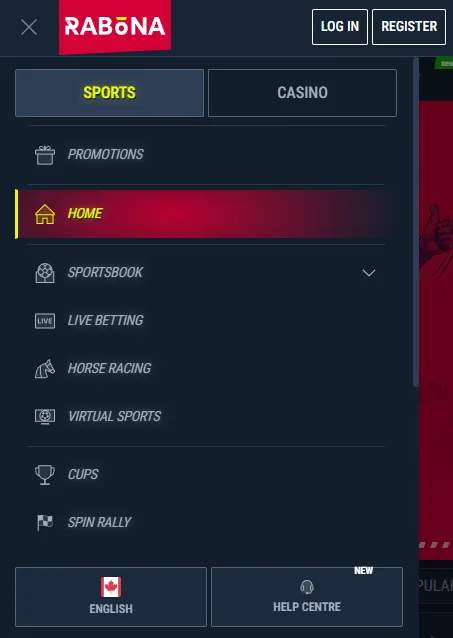 Rabona mobile site menu and game sections for Canada