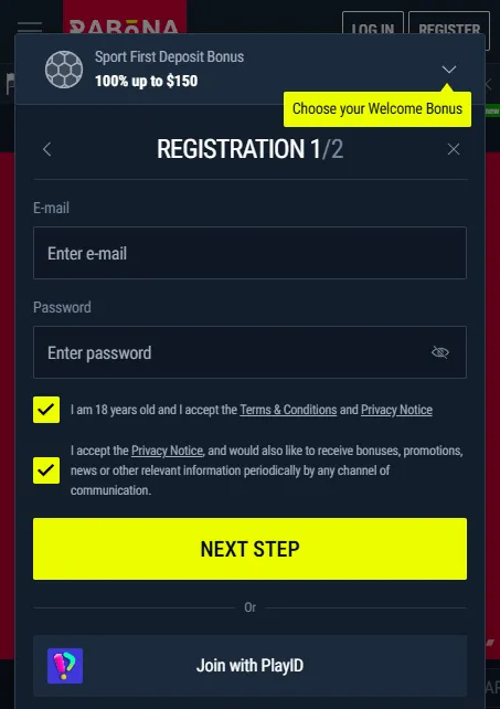 Rabona mobile account and registration screen for Canada