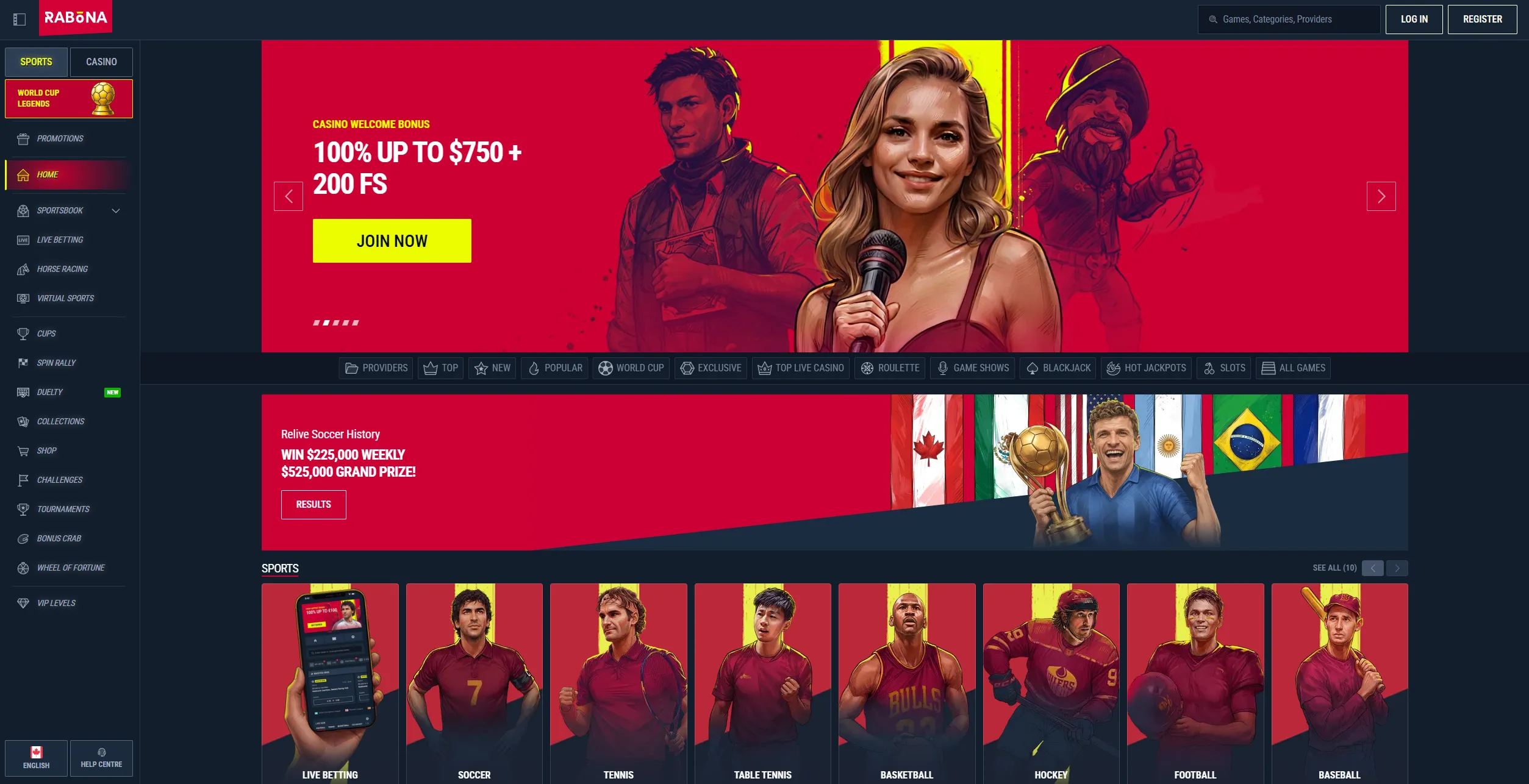 Rabona casino lobby overview