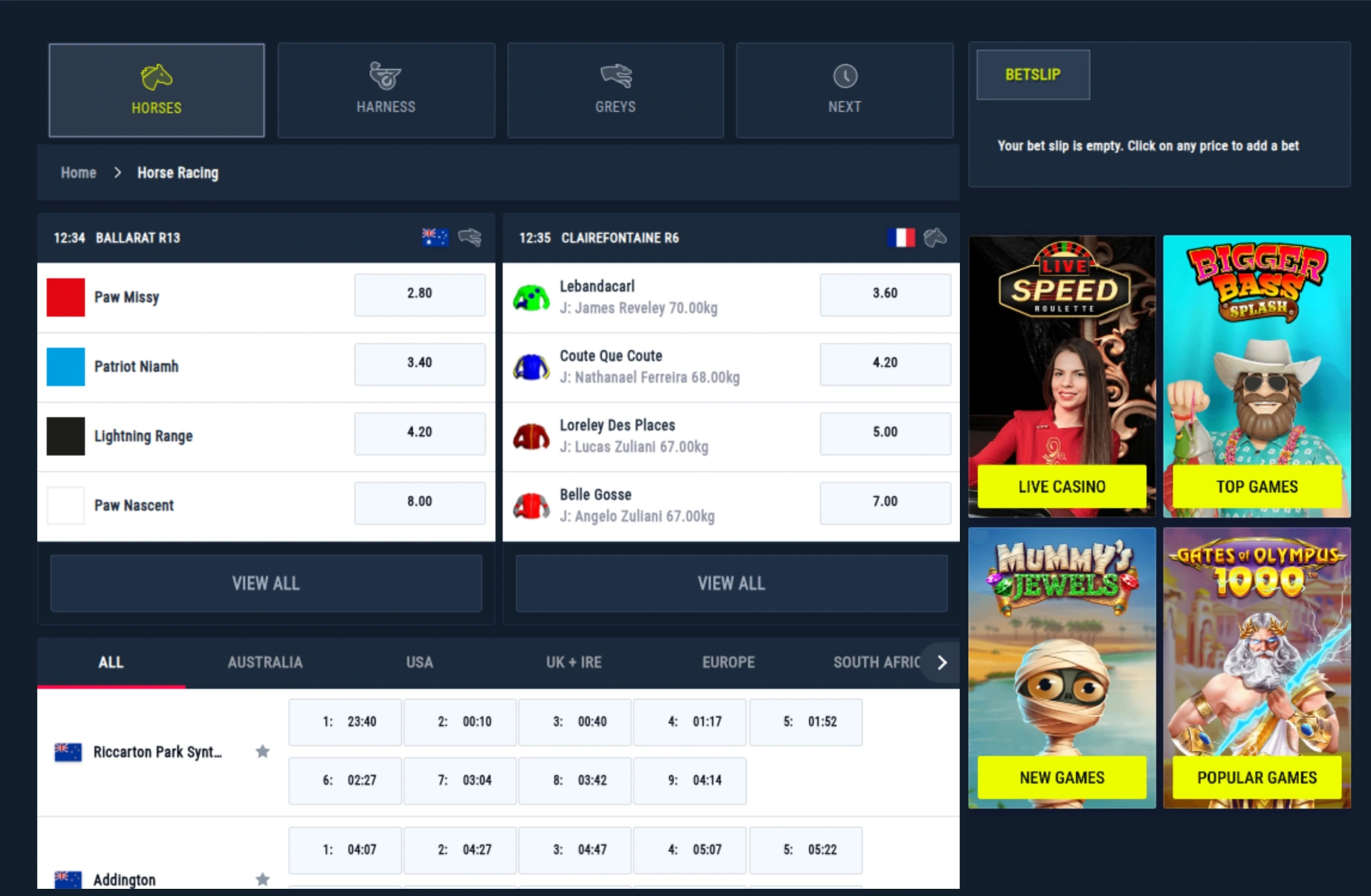 Rabona Sportsbook racing menu with horse racing markets