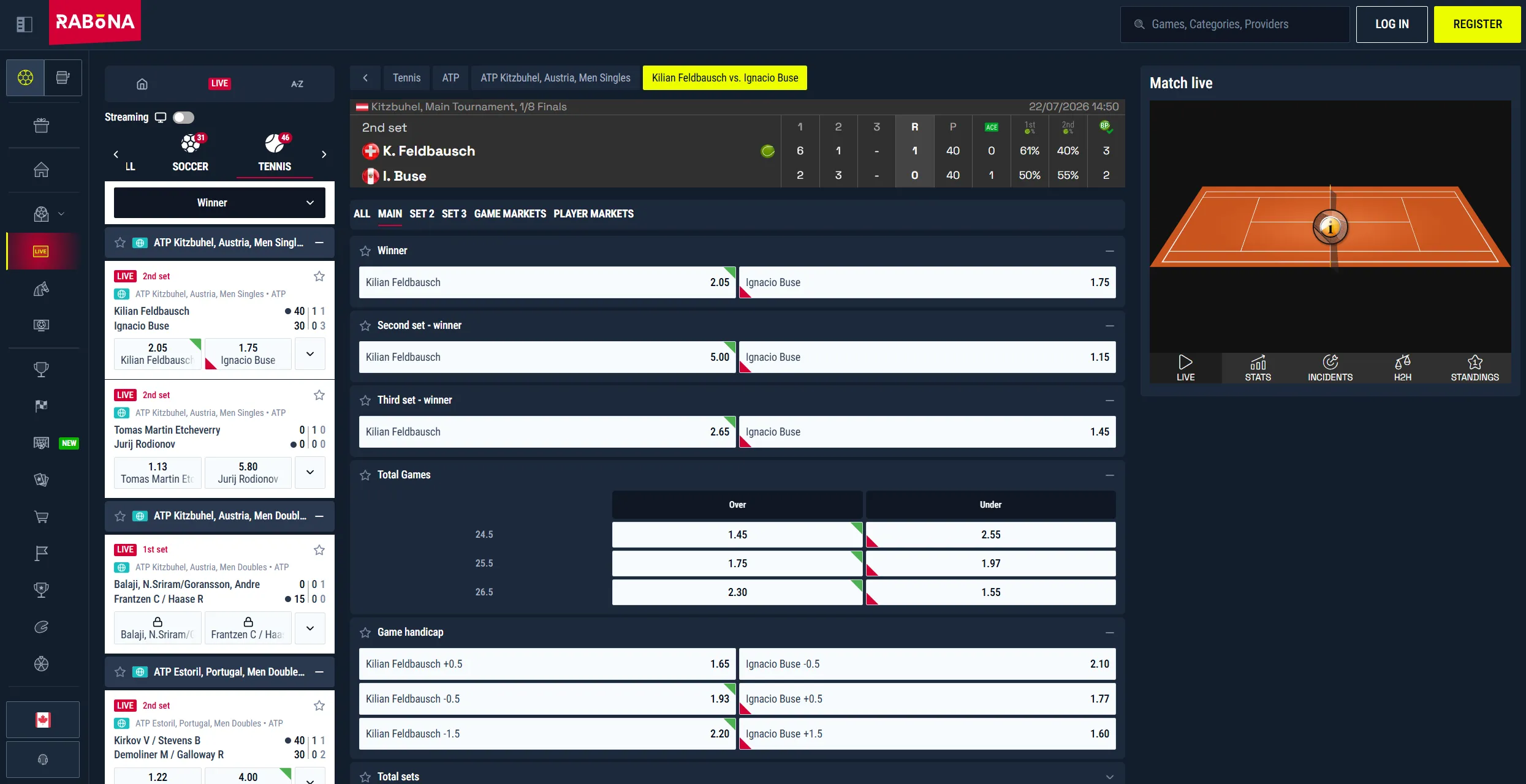 Rabona bet slip interface showing stake and potential return