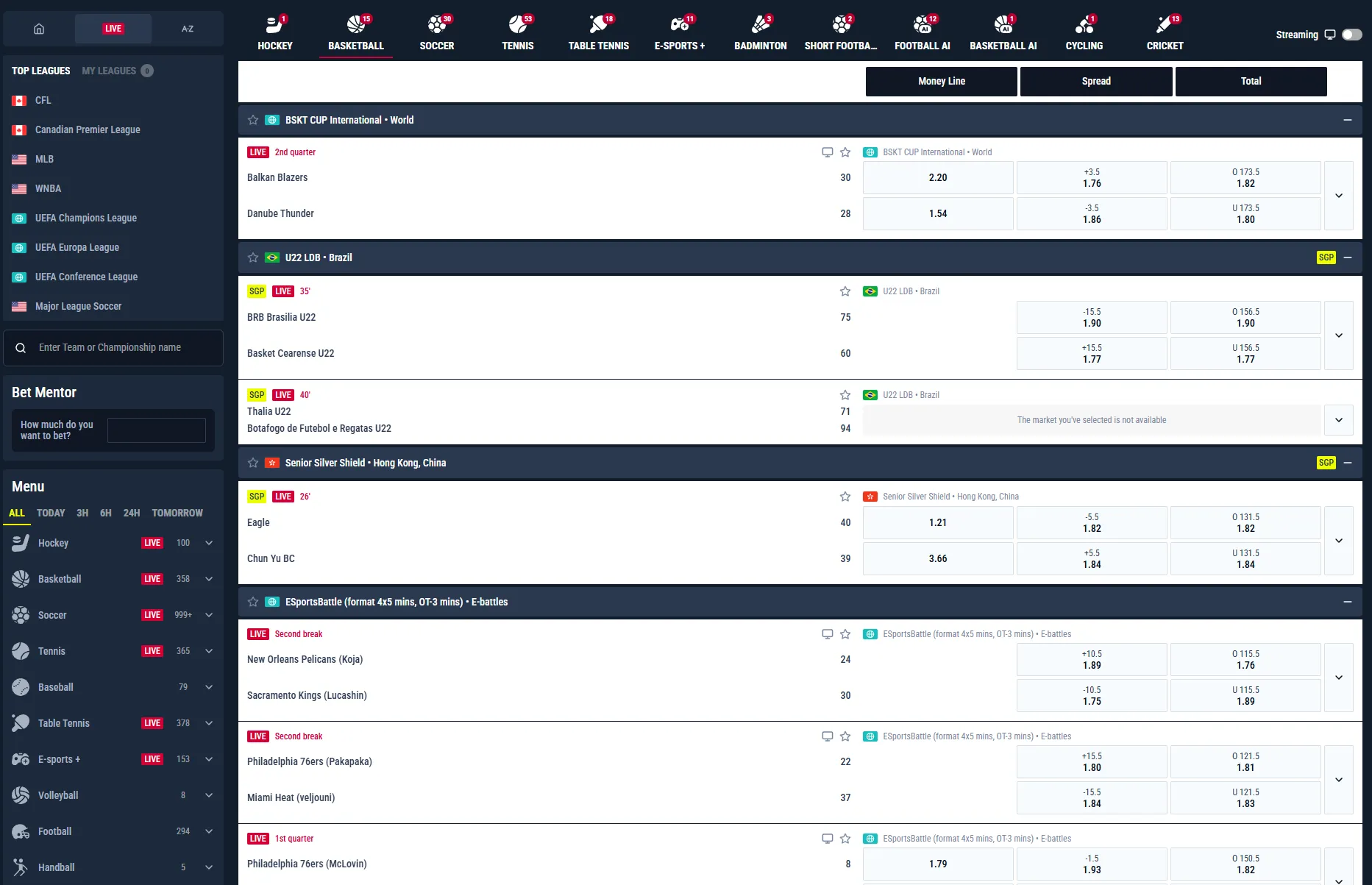 Rabona live betting interface with football and tennis in-play markets