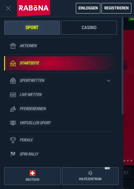 Rabona mobile Ansicht mit Sportwetten, Casino und Live Casino