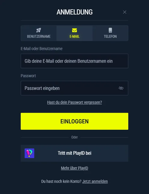 Rabona Login-Formular mit E-Mail, Passwort und Passwort-Wiederherstellung