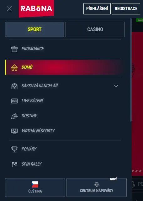 Mobilní nabídka Rabona se sportovními sázkami, kasinem a živým kasinem