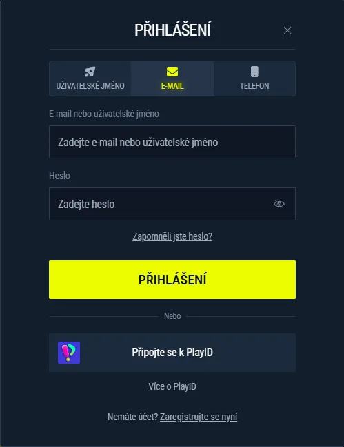 přihlašovací formulář Rabona s polem pro e-mail, heslo a odkazem na obnovu zapomenutého hesla