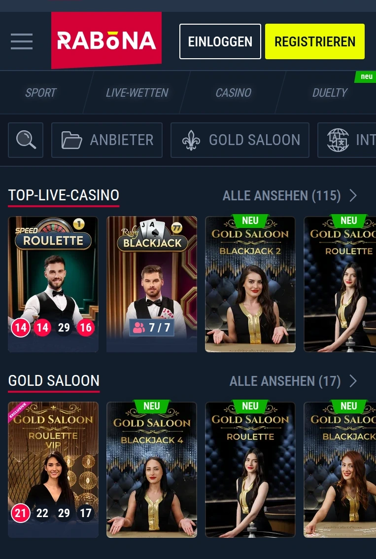 Rabona Slot-Ansicht mit Casino-Symbolen auf dem Smartphone