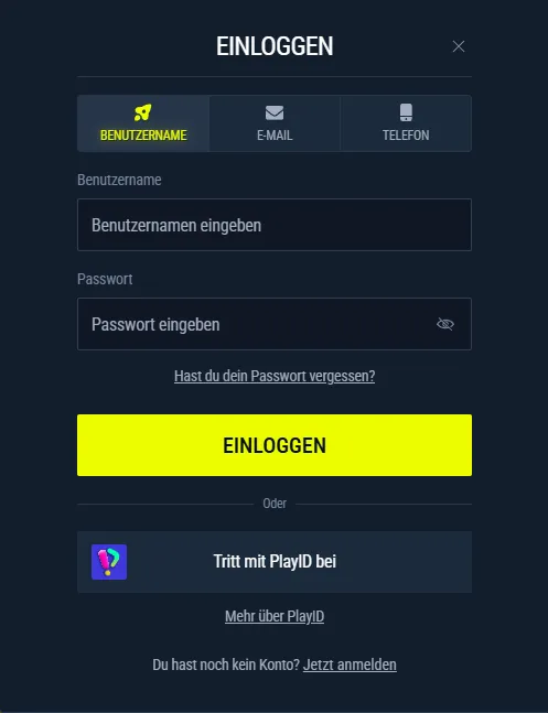 Rabona Login-Formular mit E-Mail, Passwort und Passwort-Wiederherstellung
