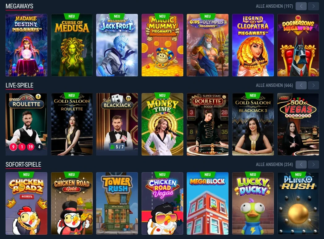 Rabona Casino Lobby mit Slots und Live Casino