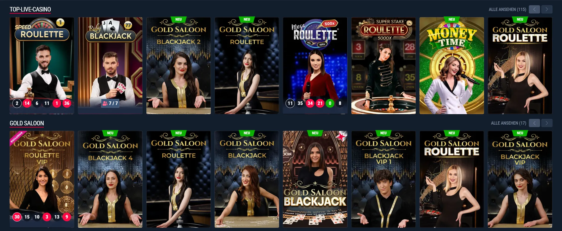 Rabona Live Casino mit Roulette- und Blackjack-Tischen