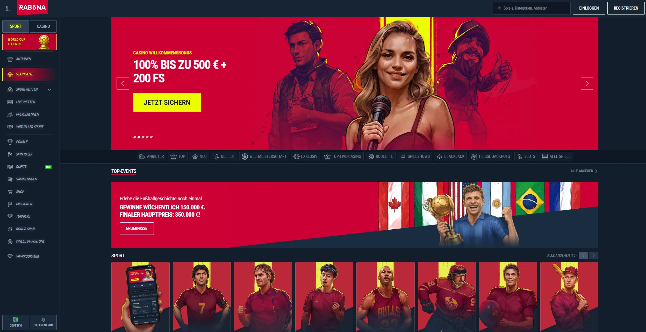 Rabona Casino Lobby Übersicht