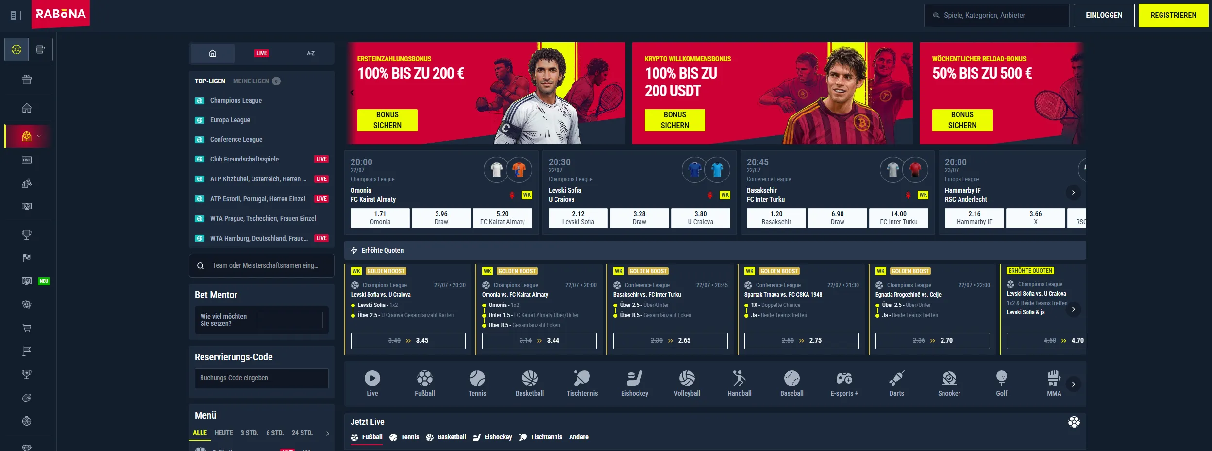 Rabona Sport Menü mit Fußball, Tennis und Basketball