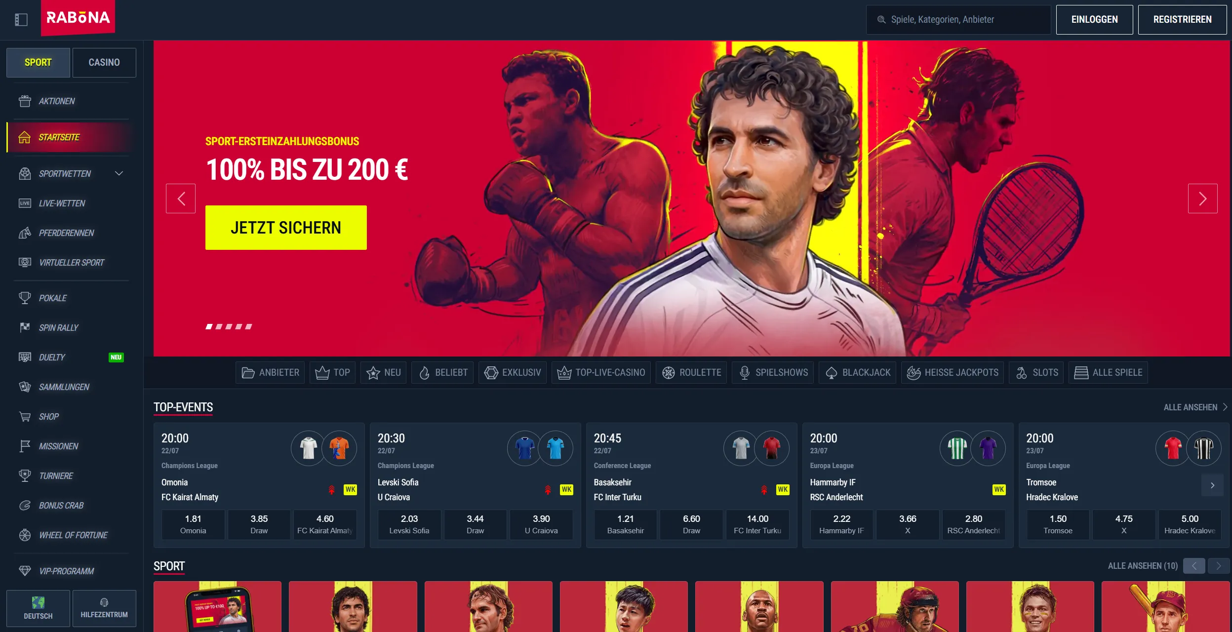 Rabona Sport Hauptoberfläche mit Quoten und Wettschein