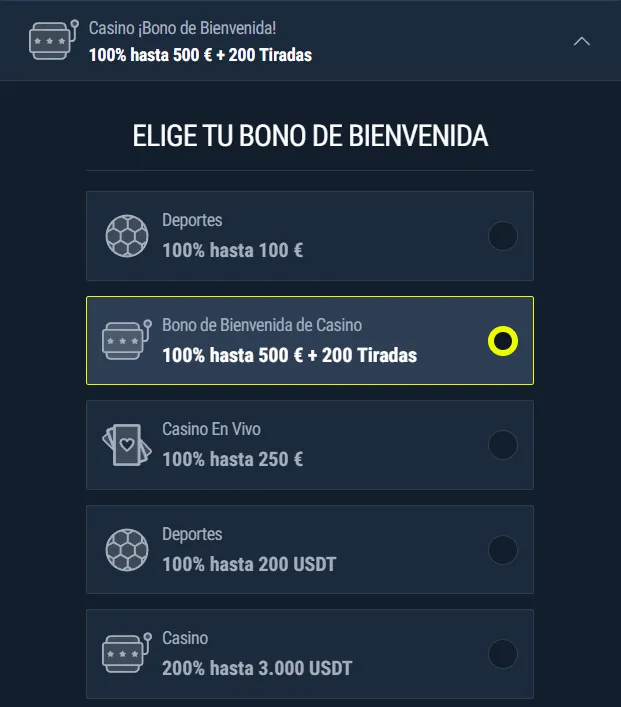 Pantalla de activación de bono Rabona