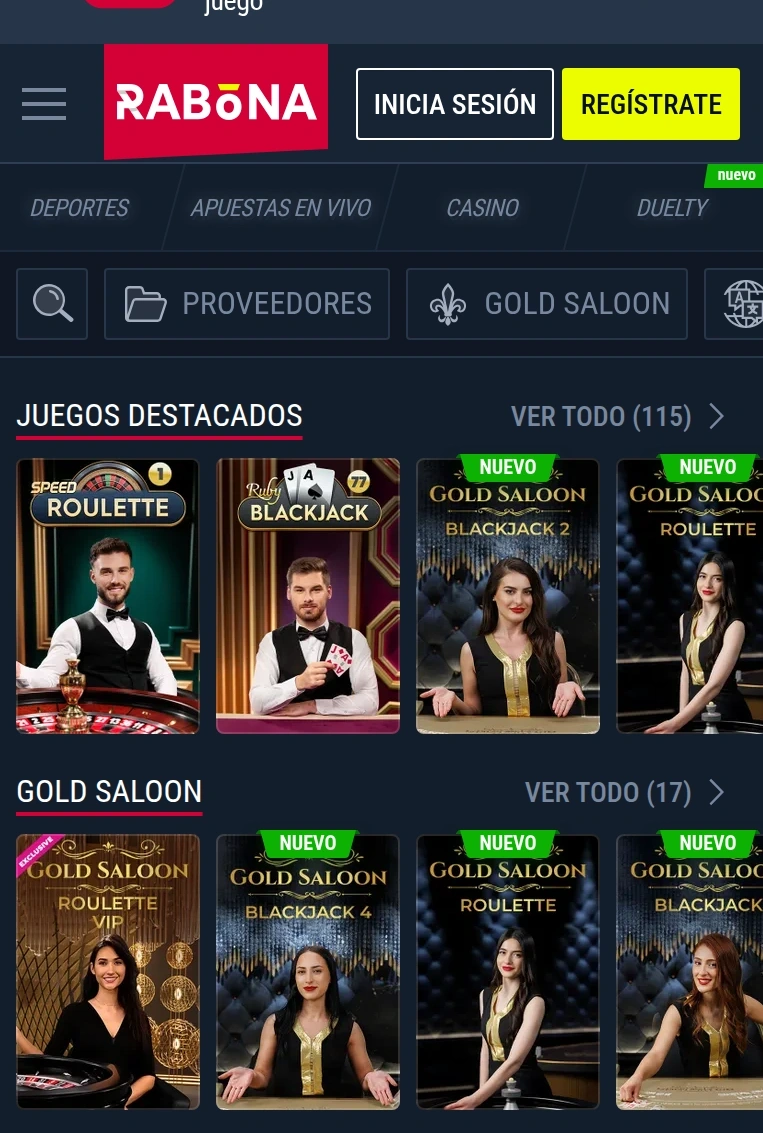 Mesa de casino en directo de Rabona en la pantalla de un móvil