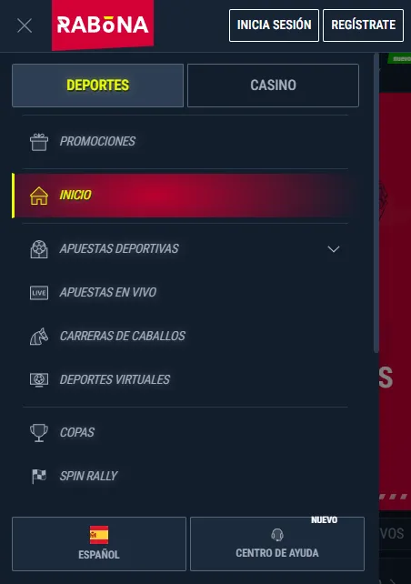 Menú móvil de Rabona con apuestas deportivas, casino y casino en directo