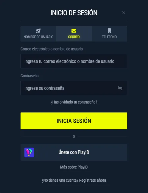 Formulario de inicio de sesión de Rabona con correo electrónico, contraseña y enlace para recuperar la contraseña