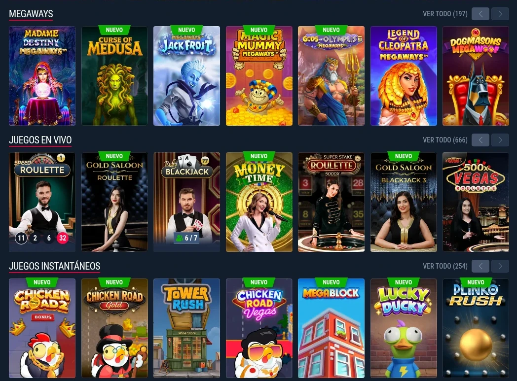 Lobby Rabona Casino con slots y juegos en directo