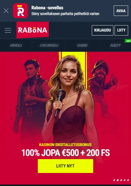 Rabonan mobiilikasino puhelimen näytöllä