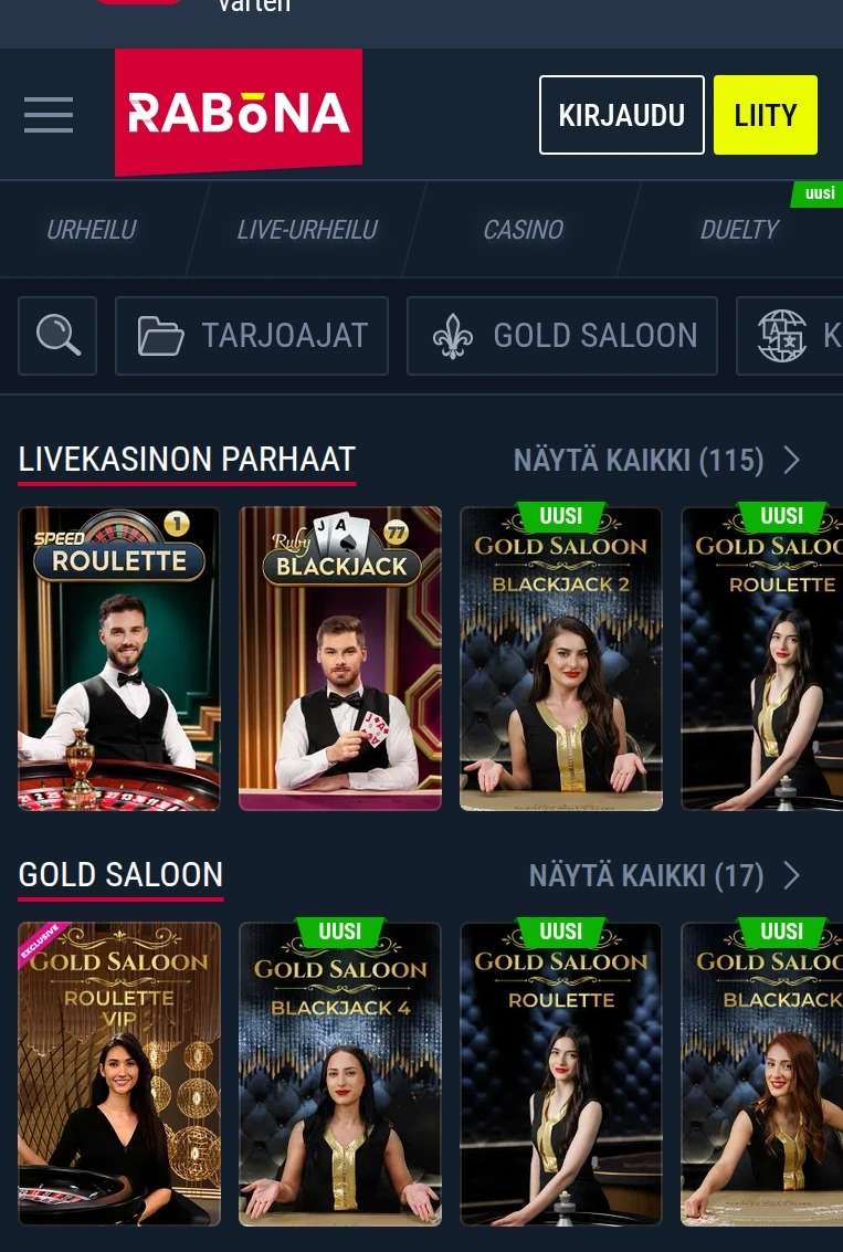 Rabonan live-kasino ja kolikkopelit puhelimella