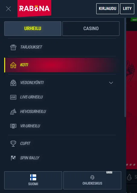 Rabonan mobiilivalikko vedonlyönnille, kasinolle ja live-kasinolle