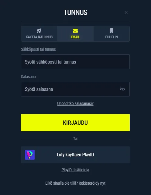 Rabona-kirjautumislomake, jossa on sähköposti, salasana, salasanan palautus ja vaihtoehtoinen kirjautumistapa