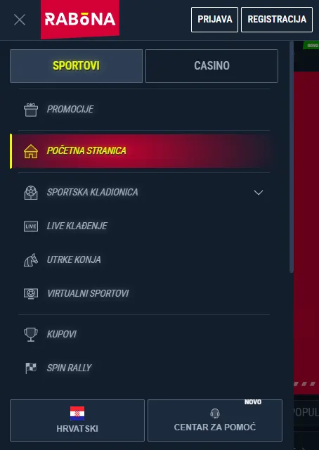 Izbornik i funkcije Rabona mobilne web-aplikacije
