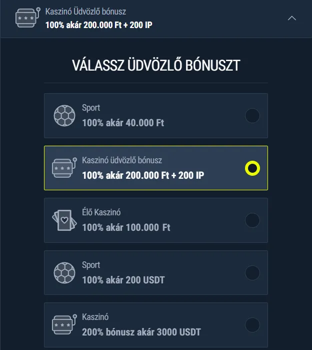 Rabona bónuszaktiválási képernyő