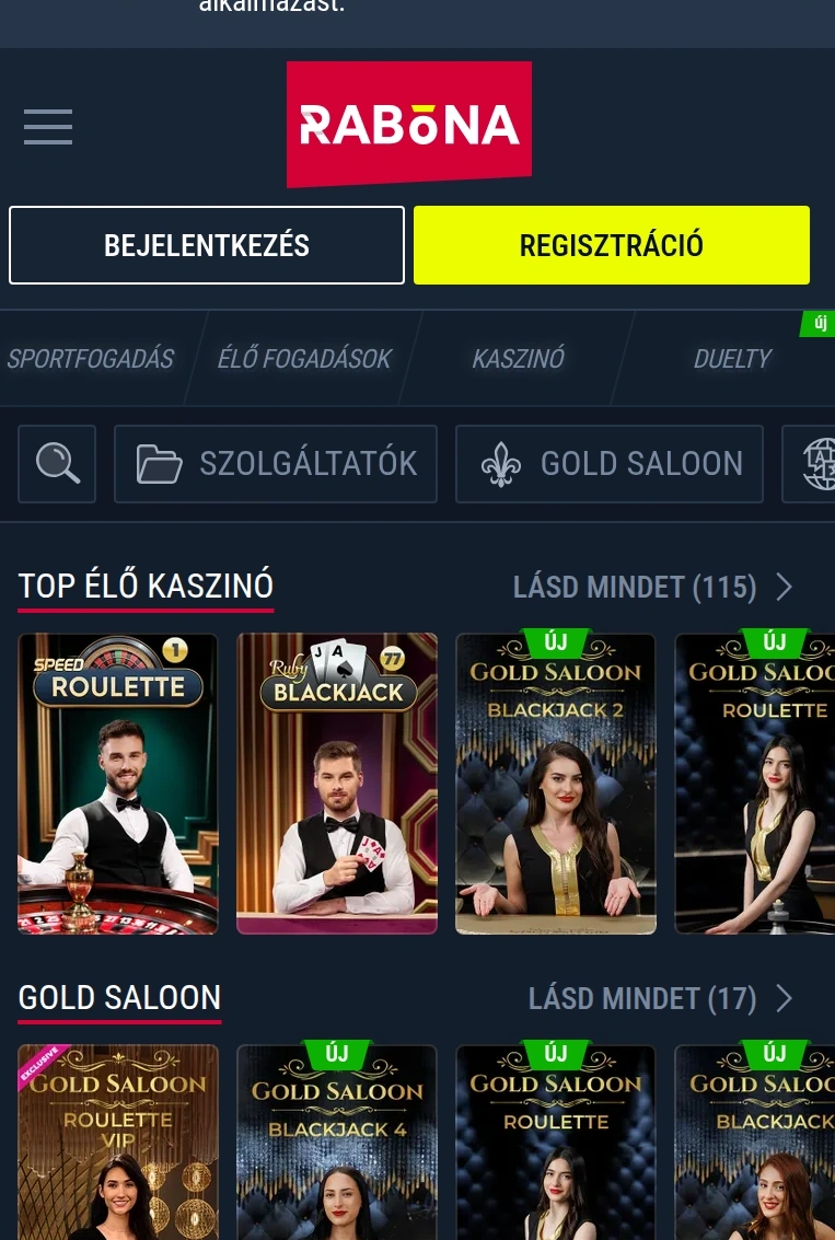 Rabona nyerőgépek és élő kaszinó mobilon