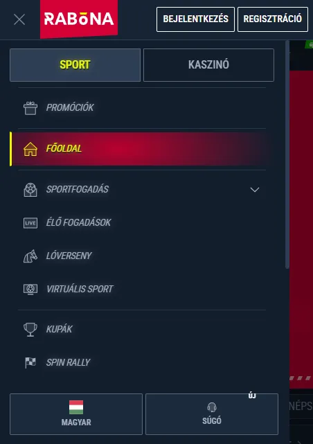 A Rabona mobil webalkalmazás menüje és fő funkciói
