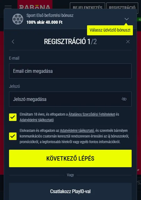 Bejelentkezés és Rabona-fiók használata mobilon