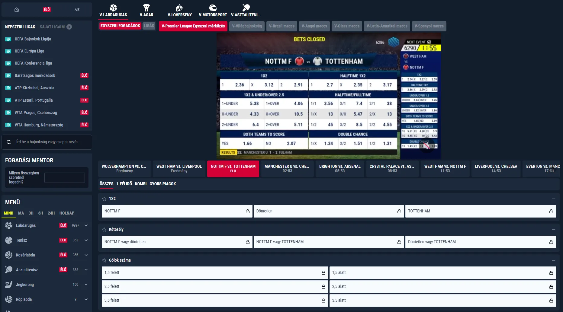 Rabona esport és versenyfogadás áttekintő felülete