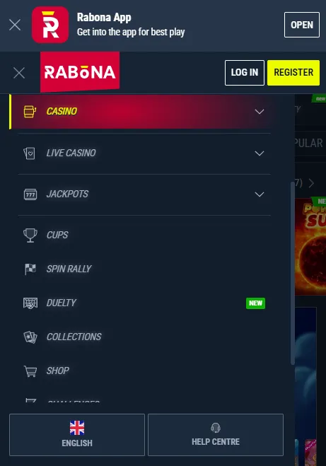Rabona mobile site listing with games and menu