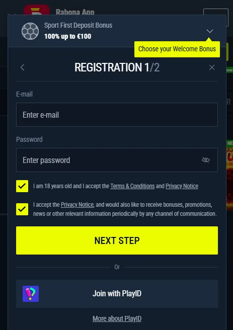 Rabona mobile site screenshot with account menu
