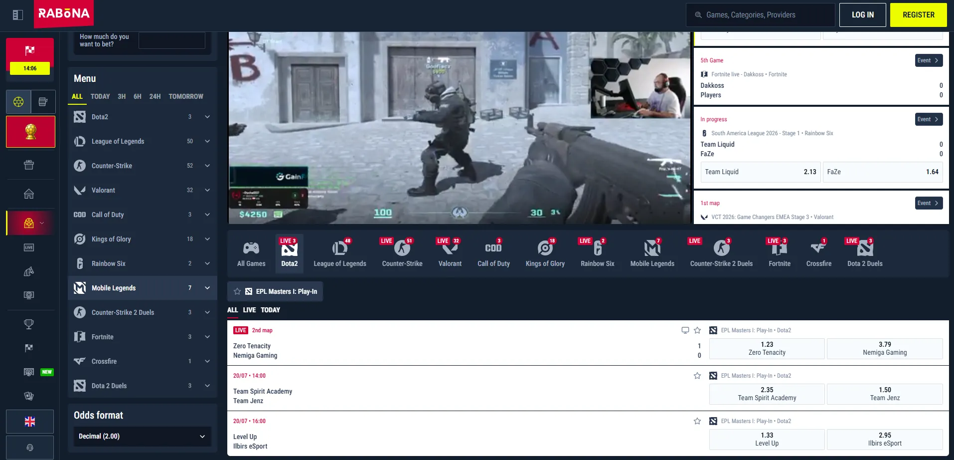 Rabona sportsbook esports menu with Counter-Strike, Dota 2 and Valorant
