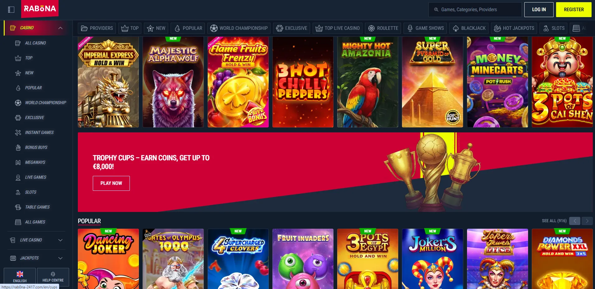 Rabona casino lobby with slots and live games