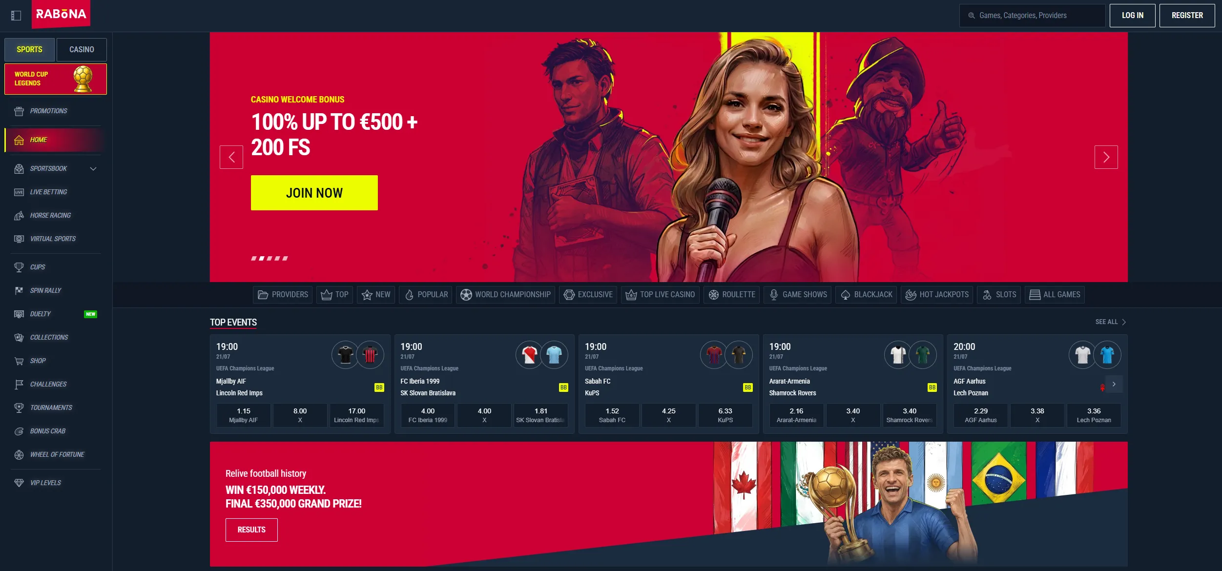 Rabona casino lobby overview