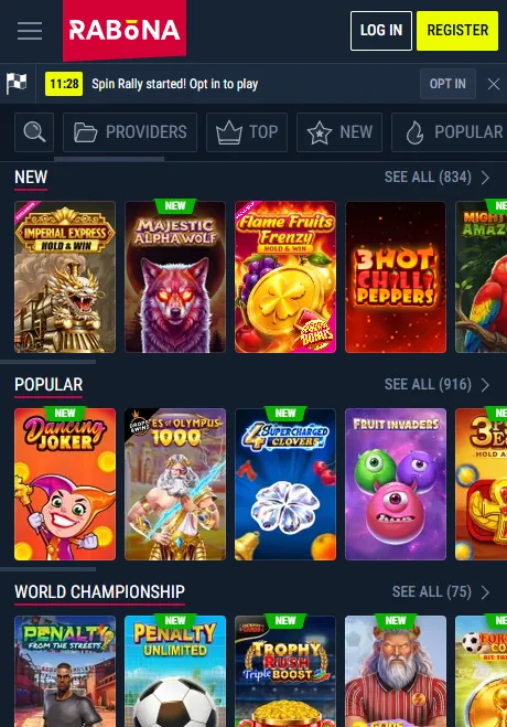 Rabona Casino mobile lobby and live games