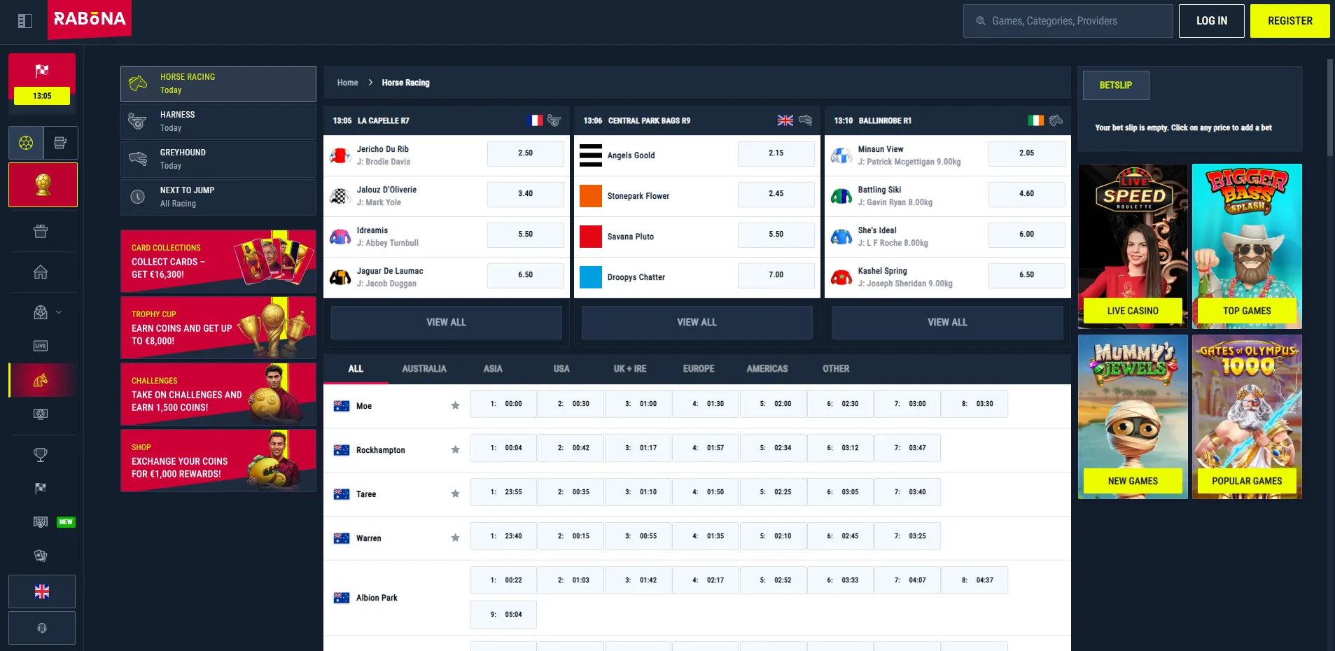 Rabona sportsbook racing menu with horse racing markets