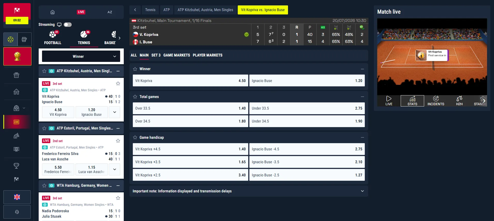 Rabona live bet activity with in-play tickets and potential win values