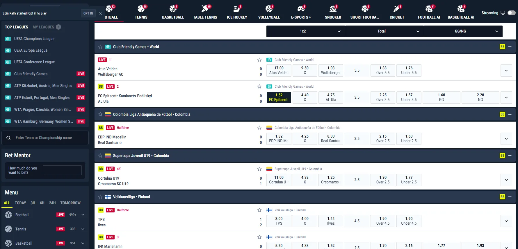 Rabona live betting interface with football and tennis in-play markets