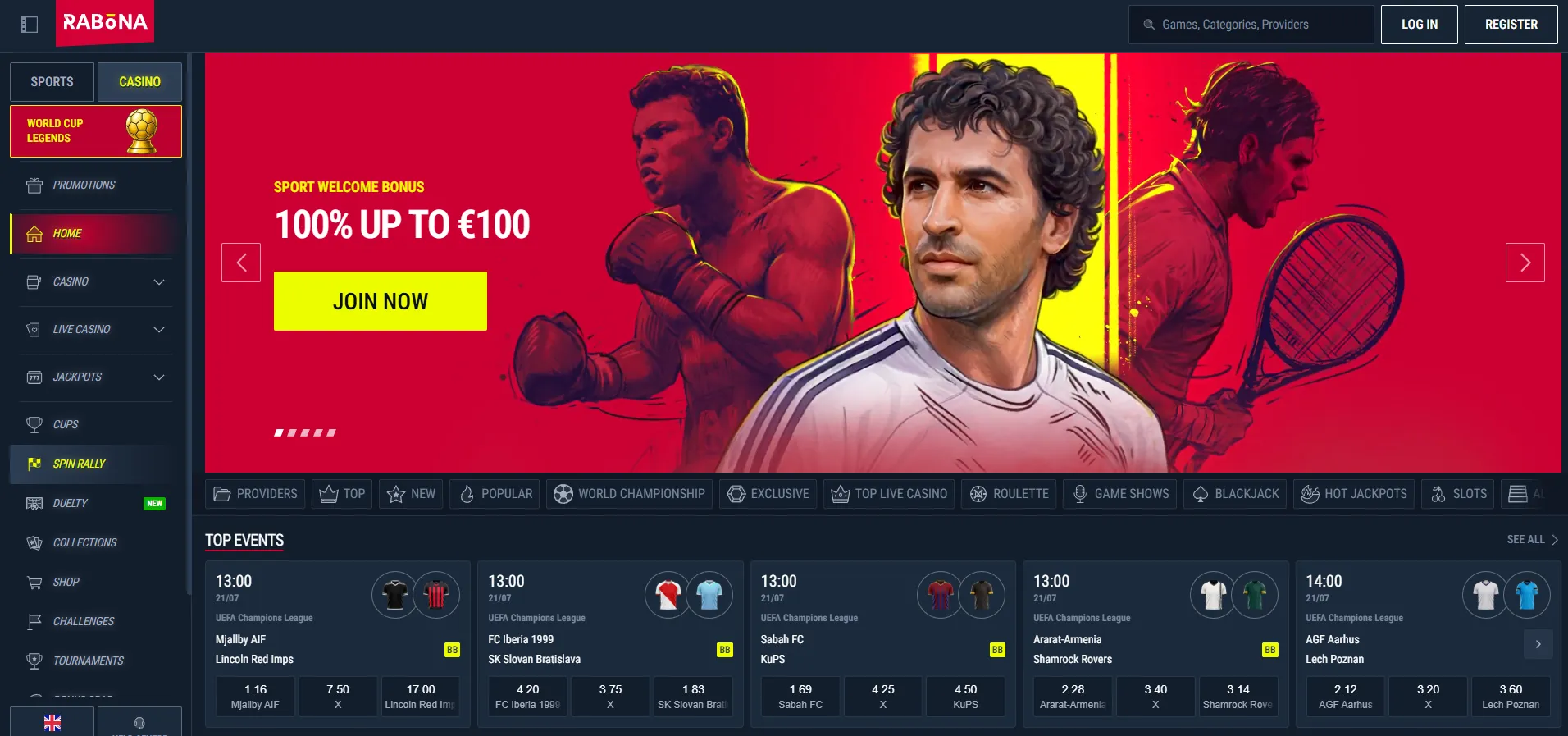 Rabona sportsbook main betting interface with odds and bet slip