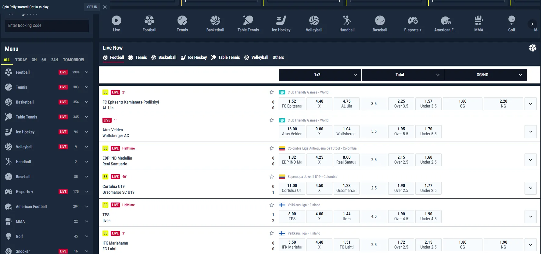 Rabona sportsbook statistics and match list interface