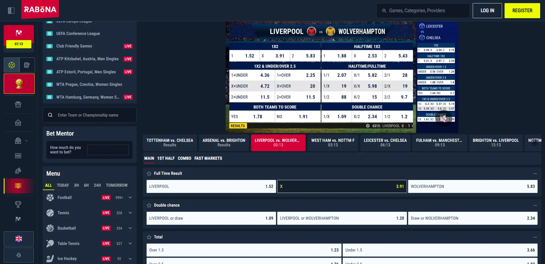 Rabona esports and virtual sports quick markets